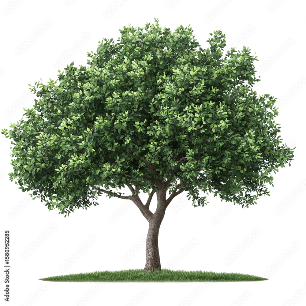 Obraz premium Green tree with lush foliage and detailed bark texture, isolated on transparent background.
