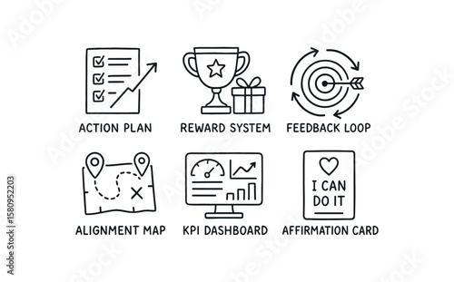 hand drawn cute doodle style isolated goal setting action plan goal setting reward system goal setting feedback loop goal setting alignment map goal setting KPI dashboard goal setting
