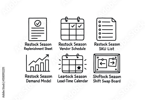 hand drawn cute doodle style isolated restock season replenishment sheet restock season vendor schedule restock season SKU list restock season demand model restock season lead time calendar