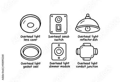 hand drawn cute doodle style isolated overhead lens cover overhead sensor switch overhead reflector dish overhead gasket seal overhead dimmer module overhead conduit junction hand drawn