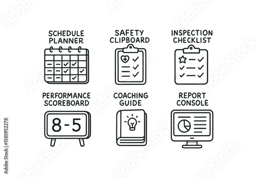 hand drawn cute doodle style isolated supervisor schedule planner supervisor safety clipboard supervisor inspection checklist supervisor performance scoreboard supervisor coaching guide