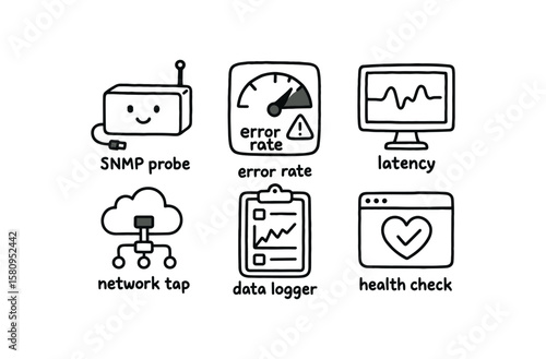 hand drawn cute doodle style isolated monitoring SNMP probe monitoring error rate meter monitoring latency tracker monitoring network tap monitoring data logger monitoring health check