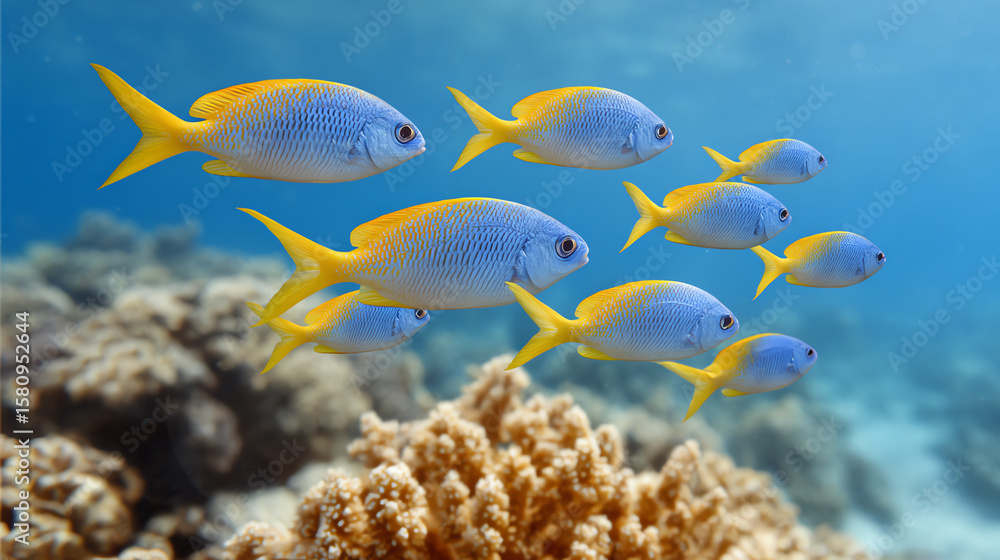 Fototapeta premium A vibrant underwater scene featuring a school of colorful fish swimming gracefully above a coral reef.