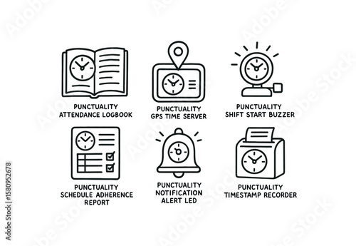 hand drawn cute doodle style isolated punctuality attendance logbook punctuality GPS time server punctuality start buzzer punctuality schedule adherence report punctuality notification