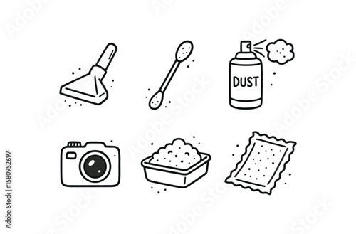 hand drawn cute doodle style isolated dust vacuum nozzle dust sampling swab dust cleaner spray dust detection camera dust accumulation tray dust electrostatic cloth