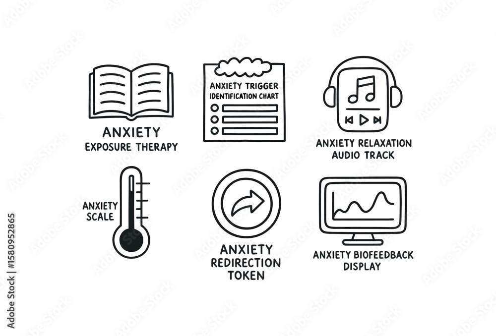 Fototapeta premium hand drawn cute doodle style isolated aniety eposure therapy module aniety trigger identification chart aniety relaation audio track aniety scale thermometer aniety irection token aniety