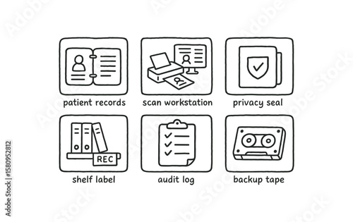 hand drawn cute doodle style isolated filing patient records ledger filing patient records scan workstation filing patient records privacy seal filing patient records shelf label filing