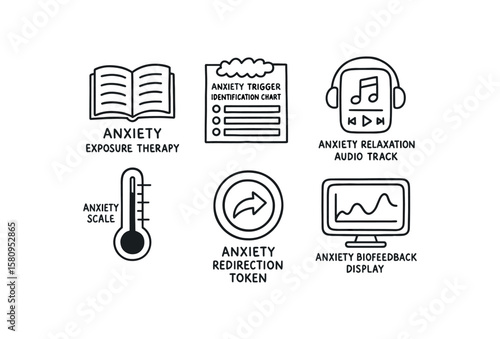 hand drawn cute doodle style isolated aniety eposure therapy module aniety trigger identification chart aniety relaation audio track aniety scale thermometer aniety irection token aniety