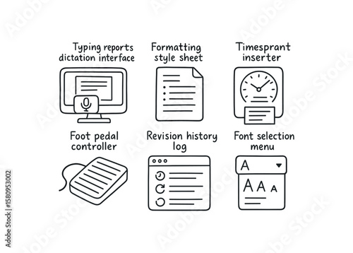 hand drawn cute doodle style isolated typing reports dictation software interface typing reports formatting style sheet typing reports timestamp inserter typing reports foot pedal