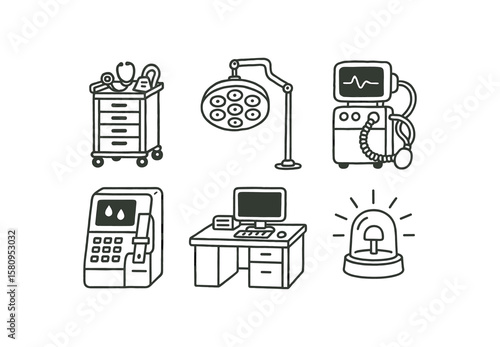 hand drawn cute doodle style isolated emergency room resuscitation cart assembly emergency room trauma bay array emergency room ventilator control module emergency room blood gas analyzer