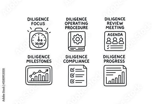 hand drawn cute doodle style isolated diligence focus timer widget diligence operating procedure manual diligence review meeting agenda diligence milestone tracker dashboard diligence