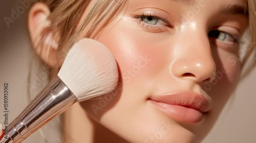 A close-up of a woman applying blush with a makeup brush highlighting her natural beauty and flawless skin, horizontal video