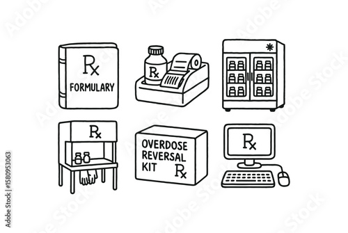 hand drawn cute doodle style isolated pharmacist formulary binder volume pharmacist barcoded bottle labeler pharmacist refrigerated storage unit pharmacist USP 797 hood enclosure pharmacist