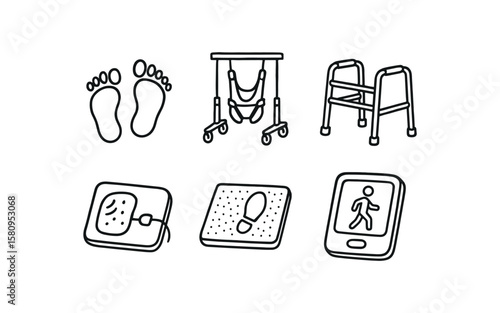 hand drawn cute doodle style isolated walking therapy visual cue markers walking therapy harness support frame walking therapy mobility walker frame walking therapy muscle stimulator pad