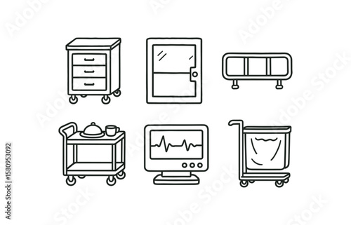 hand drawn cute doodle style isolated ward medication trolley drawer ward observation window hatch ward safety rail panel ward meal tray service cart ward telemetry display screen ward n