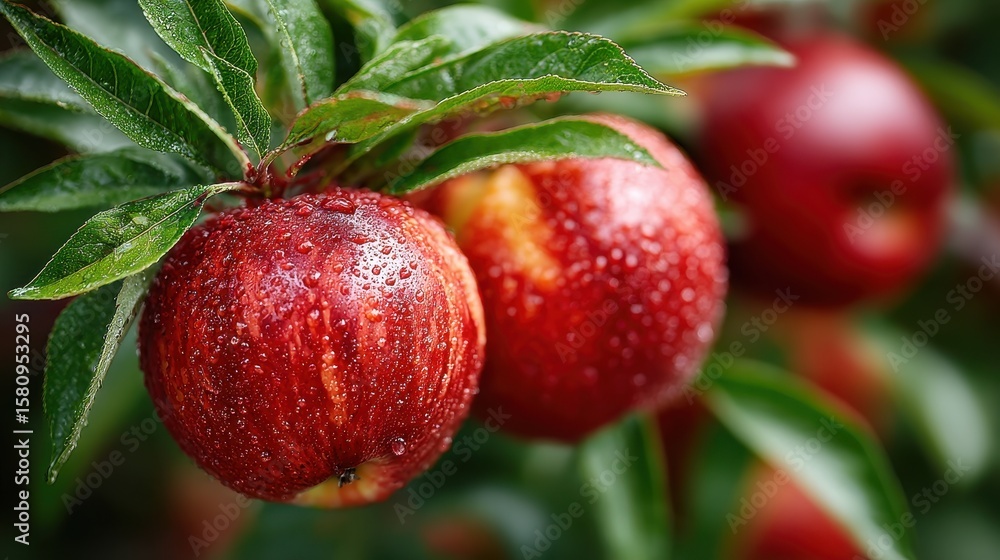 Obraz premium Fresh Red Apples on a Branch with Water Drops