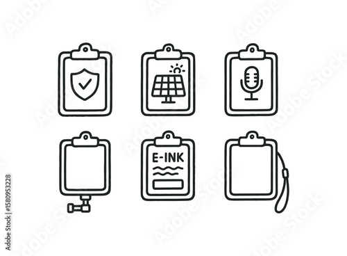 hand drawn cute doodle style isolated clipboard privacy shield clipboard solar charger panel clipboard voice recorder module clipboard stabilizer rod clipboard e ink display clipboard wrist