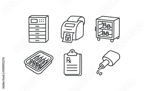 hand drawn cute doodle style isolated medication dispensing electronic cabinet medication dispensing labeling printer medication dispensing inventory module medication dispensing syringe