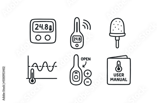 hand drawn cute doodle style isolated thermometer data logger module thermometer wireless transmitter thermometer ambient shield cap thermometer base verification chart thermometer battery