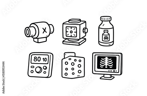 hand drawn cute doodle style isolated ray image tube housing ray image collimator ray image control panel ray image contrast agent ray image calibration phantom ray image DICOM viewer