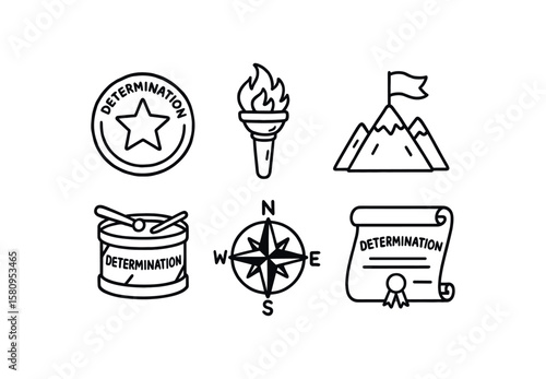 hand drawn cute doodle style isolated determination challenge coin determination flame torch determination mountain flag determination rally dm determination compass rose determination