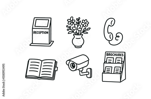 hand drawn cute doodle style isolated reception directory kiosk reception flower arrangement reception telephone handset reception guestbook log reception security camera reception brochure