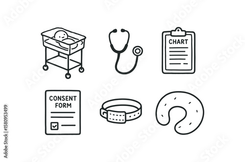 hand drawn cute doodle style isolated hospital birth obstetric trolley hospital birth neonatal stethoscope hospital birth postpartum chart hospital birth consent form hospital birth ID