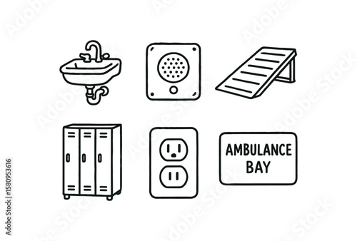hand drawn cute doodle style isolated ambulance bay decontamination sink ambulance bay intercom speaker ambulance bay loading ramp ambulance bay storage lockers ambulance bay power outlet
