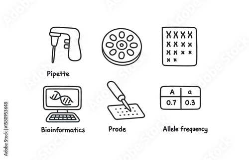 hand drawn cute doodle style isolated geneticist pipette controller geneticist centrifuge rotor geneticist karyotype chart geneticist bioinformatics workstation geneticist gene epression