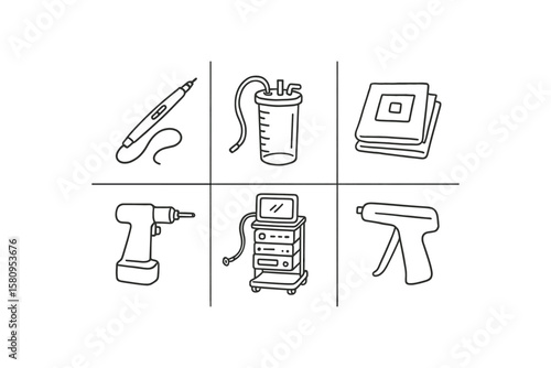 hand drawn cute doodle style isolated surgical suite electrocautery pen surgical suite suction canister surgical suite surgical drape pack surgical suite orthopedic drill surgical suite