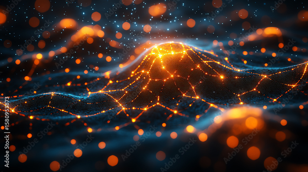 Obraz premium Abstract landscape of glowing networks, illustrating data connections and technological advancements in a digital realm.