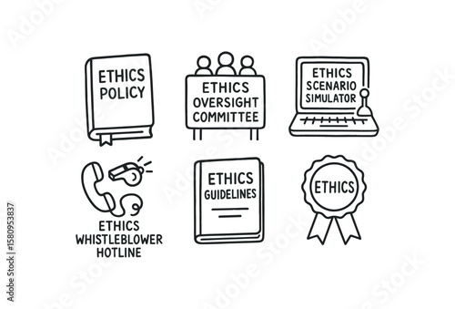 hand drawn cute doodle style isolated ethics policy handbook ethics oversight committee ethics scenario simulator ethics whistleblower hot ethics guide booklet ethics accitation seal