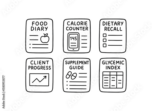hand drawn cute doodle style isolated dietitian food diary log dietitian calorie counter dietitian dietary recall questionnaire dietitian client progress sheet dietitian supplement guide