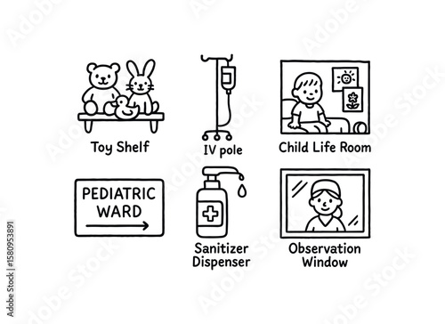 hand drawn cute doodle style isolated pediatric ward toy shelf pediatric ward IV pole pediatric ward child life room pediatric ward signage pediatric ward sanitizer dispenser pediatric ward