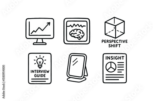 hand drawn cute doodle style isolated data analysis graph brainwave monitor perspective diagram insight interview guide reflective mirror module insight summary dashboard