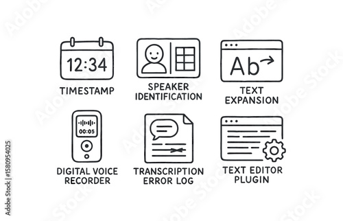 hand drawn cute doodle style isolated timestamp insertion macro speaker identification chart tet epansion software digital voice recorder transcription error log tet editor plugin