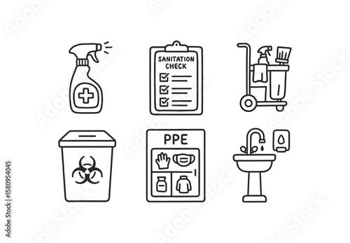 hand drawn cute doodle style isolated disinfectant spray bottle sanitation check checklist cleaning trolley cart biohazard disposal container PPE dispenser cabinet sanitation sink station