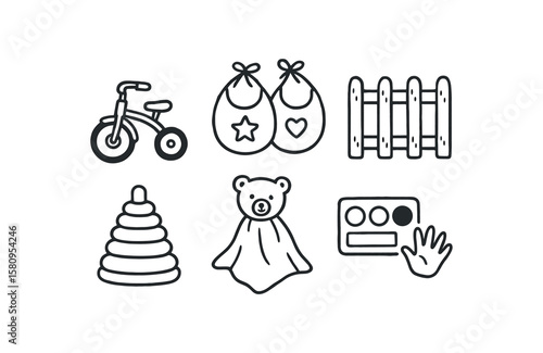 hand drawn cute doodle style isolated toddler tricycle wheel toddler bib toddler playpen fence toddler stacker toy toddler plush blanket toddler finger paint