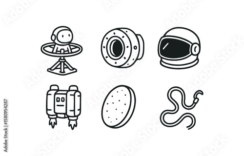 hand drawn cute doodle style isolated astronaut training centrifuge astronaut docking port astronaut visor anti glare astronaut jetpack unit astronaut reentry shield astronaut spacewalk