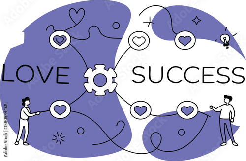 A vibrant and inspiring design illustration celebrating the concepts of love and achieving success together