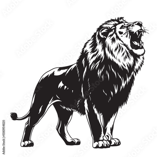Lion roaring loudly in black and white, a powerful illustration