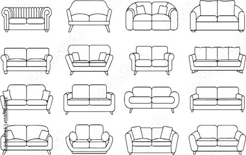 Elegant Sofa Collection Featuring Diverse Designs Black and White Line Art for Interior Decor and Furniture Inspiration