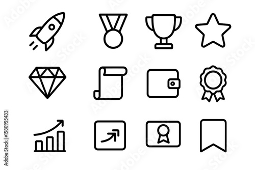 Minimalist icon set featuring rocket, medal, trophy, and more on dark background