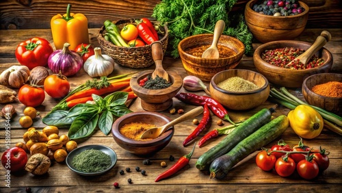 A Bountiful Harvest Vibrant Vegetables, Aromatic Spices, and Fresh Herbs Arranged on Rustic Wooden Tabletop