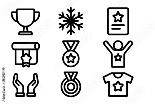 Line icons of awards and recognition: trophies, medals, certificates