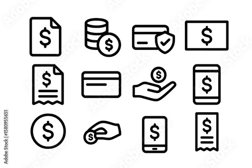 Monochrome financial icons: payment methods and currency symbols