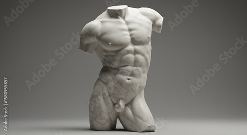 White marble male torso sculpture with detailed musculature and anatomy set against a grey background