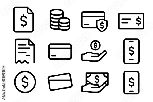 Minimalist finance icons: money, cards, and payments in linear style