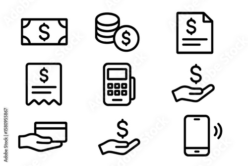 Financial icons set featuring money, coins, receipts, and payment methods in black linear style