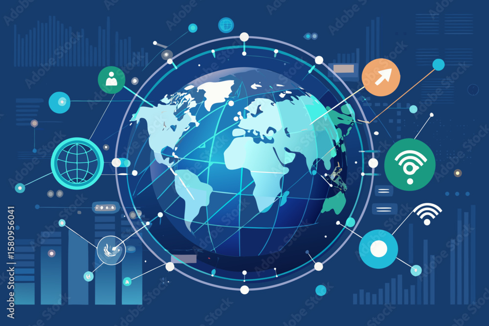 Fototapeta premium Global Network Connection with Data Visualization and Communication Technology Illustration